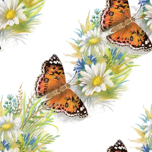 Modello senza cuciture con farfalle e fiori — Foto Stock