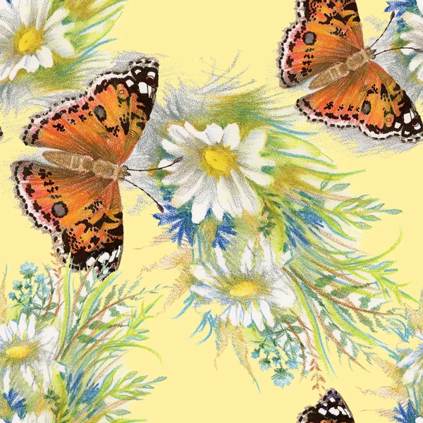 Patrón sin costuras con mariposas y flores — Foto de Stock