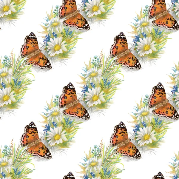 Kelebekler ve çiçeklerle kusursuz desen — Stok fotoğraf
