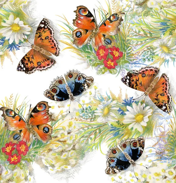 Бесшовный узор с бабочками и цветами — стоковое фото