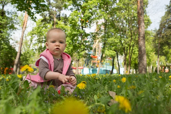 Malé dítě hraje v parku na trávě za slunečného dne — Stock fotografie