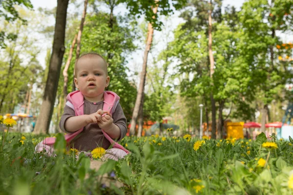 Lilla barnet leker i parken på gräset på en solig dag — Stockfoto