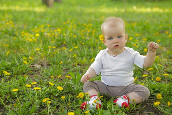 Jovem adorável alegre bebê sentar no parque na grama verde e jogar — Fotografia de Stock