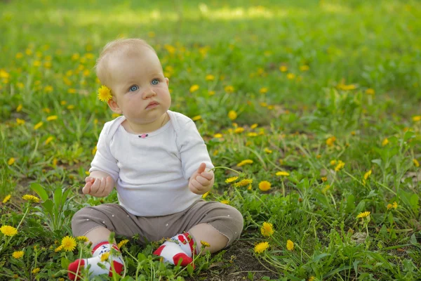 Junge entzückende fröhliche Baby sitzen im Park auf grünem Gras und spielen — Stockfoto