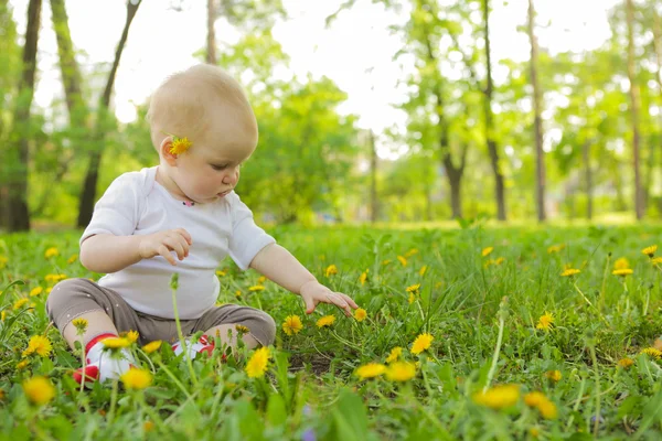 Jonge schattige vrolijke baby sit in park op groen gras en spelen — Stockfoto