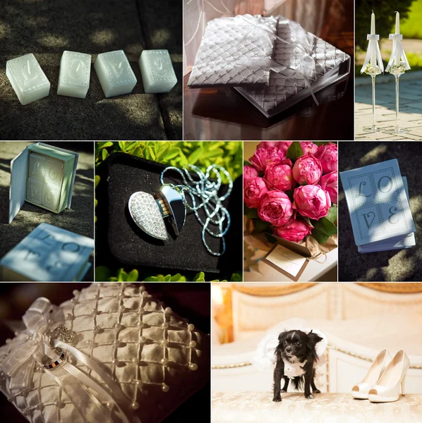 Bruiloft decoraties collage.candles, ringen, bloemen, schoenen. — Stockfoto