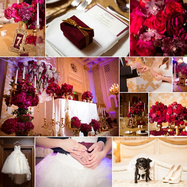 Collage av dekorationer bröllop bilder i röd färg Stockbild