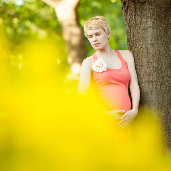 Ung glad gravid kvinna avkopplande natur — Stockfoto