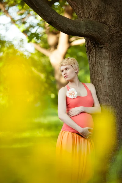 Young happy pregnant woman relaxing in nature — Stock Photo, Image