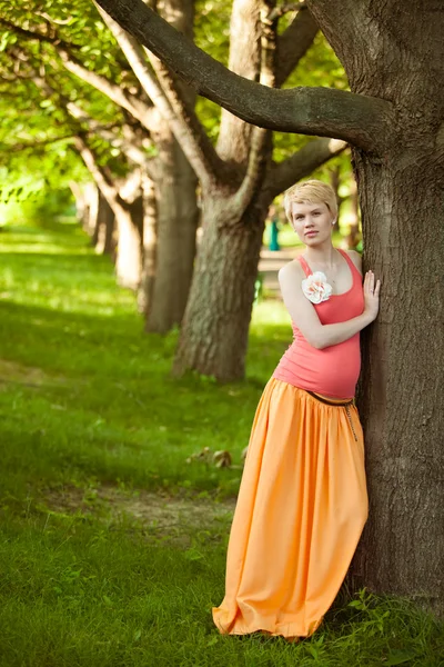 Genç happy hamile kadın doğanın dinlendirici — Stok fotoğraf
