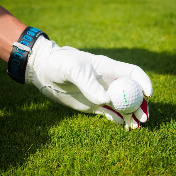 Mão segurar bola de golfe com tee no curso, close-up — Fotografia de Stock