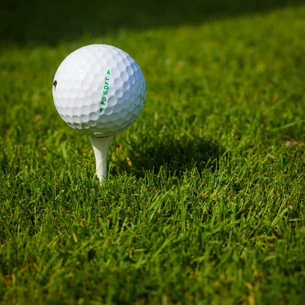 Pallina da golf su un tee contro il campo da golf con spazio copia — Foto Stock