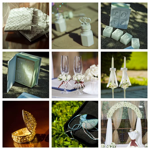 Collage of wedding pictures decorations in light colour — Stock Photo, Image