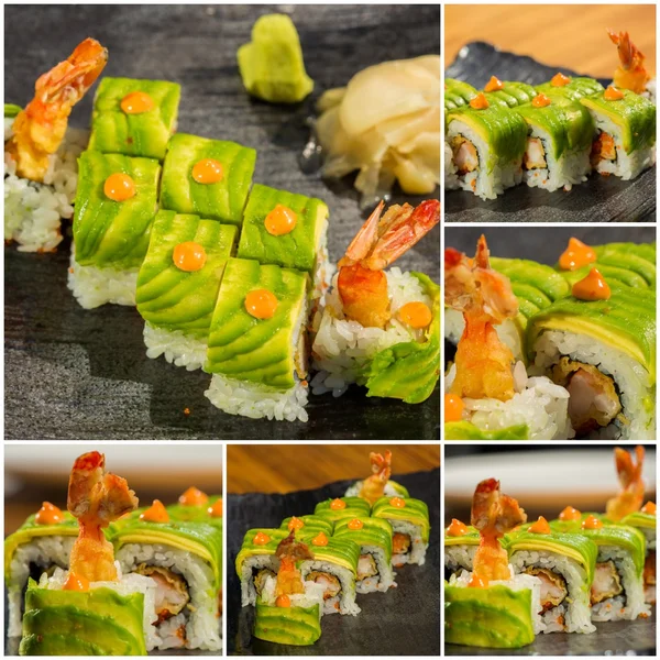 Kolase close-up shot tradisional segar Jepang gulung sushi — Stok Foto