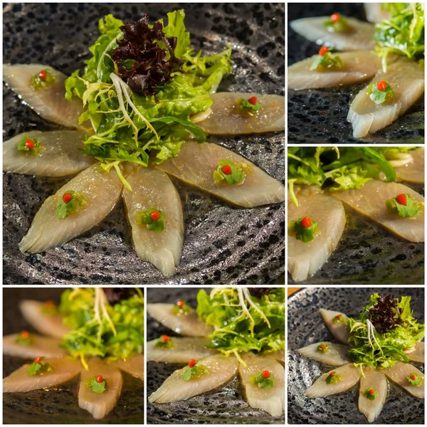 Collage. Fresh organic white tuna meat sliced at plate with sala — Stock Photo, Image