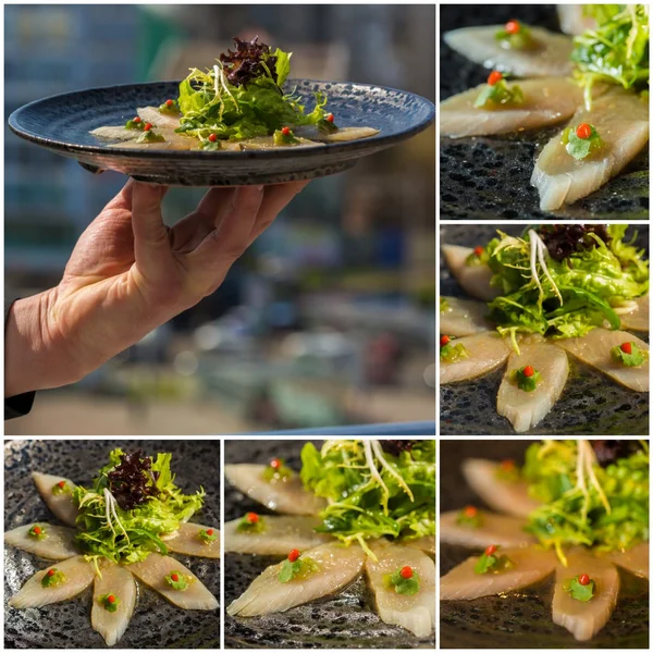Collage. Carne fresca de atún blanco ecológico en rodajas en plato con sala — Foto de Stock