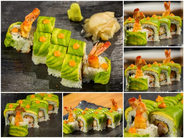 Collage närbild av traditionella färska japansk sushi rullar — Stockfoto