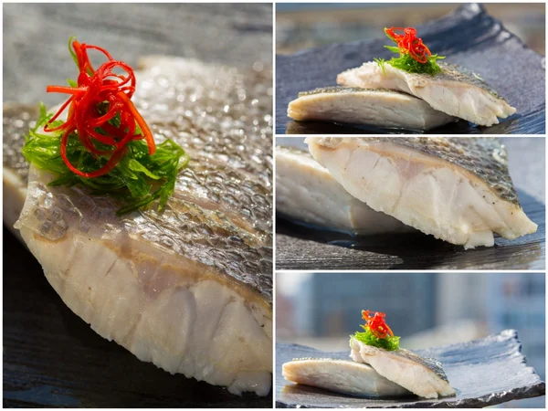 Frisches Fleisch vom weißen Thunfisch in Scheiben geschnitten auf dem Teller mit Salat. Kollag — Stockfoto