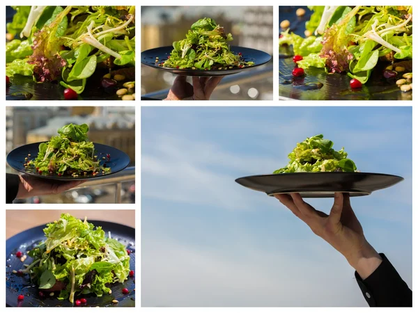 Koláž. organický salát se zeleninou a zelení v restauraci — Stock fotografie