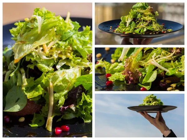 Collage. ensalada ecológica con verduras y verduras en el restaurante — Foto de Stock