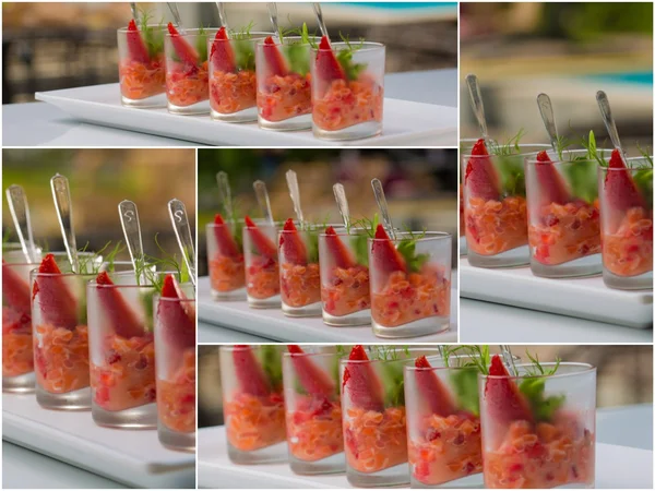 Fresh salad with shrimps, salmon, avocado and strawberries — Stock Photo, Image