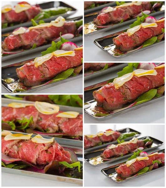 Beef carpaccio with salad leaves and vegetabales. tasty appetize — Stock Photo, Image