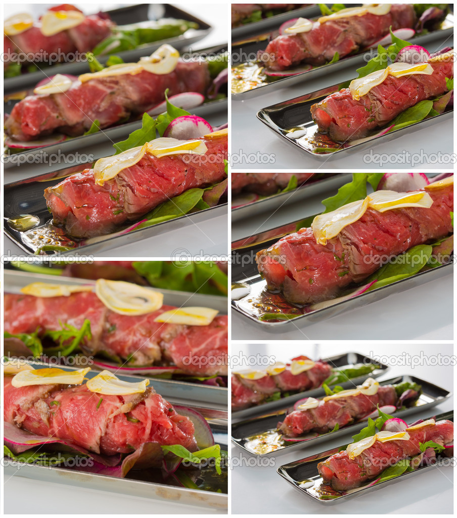 Beef carpaccio with salad leaves and vegetabales. tasty appetize Stock ...