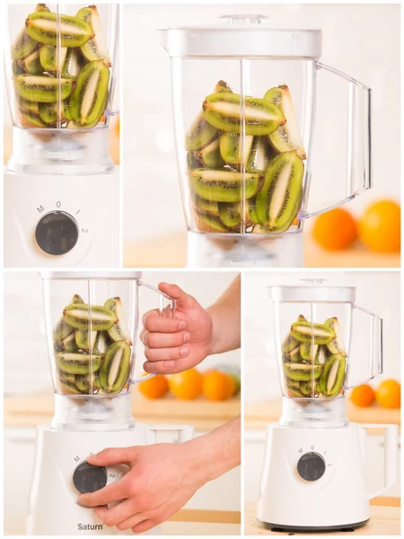 Weißer Mixer mit Kiwi auf einem Holztisch — Stockfoto