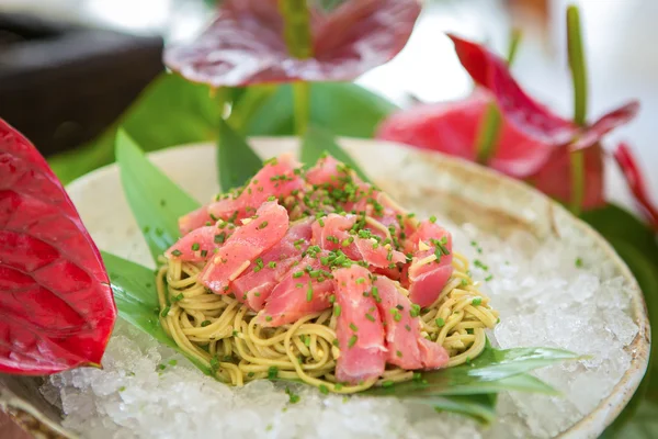 Cold pasta with tuna on ice — Stock Photo, Image