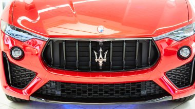 Ukraine, Kyiv - October 10, 2021: Close up logo Maserati. Presentation of new models Maserati