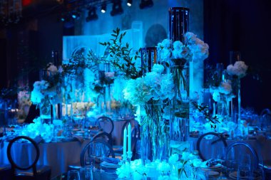 Düğün ya da başka bir etkinlik yemeği için masa hazır. Sığ dof.