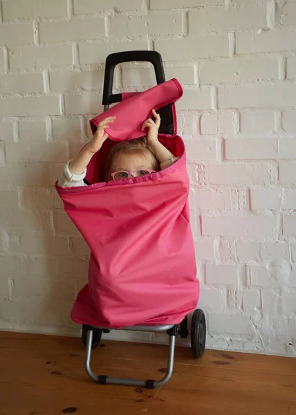 Girl hide in Foldable Shopping Cart on Wheel play hide and seek game — ストック写真