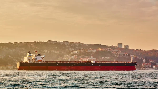 Cargo ship tanker in Bosphorus Strait about to pass under Bosphorus bridge — Zdjęcie stockowe
