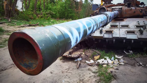 Kyiv region, Ukraine - May 15, 2022: War in Ukraine. Highway Kyiv - Zhytomyr. People take selfies against destroyed russian tank after russian atack in Febrary. — стокове фото