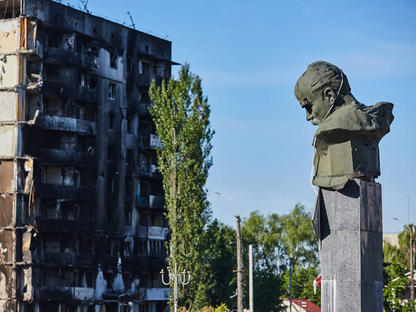 Borodianka, Kyiv region, Ukraine. The monument to Shevchenko was shot by the russian occupiers
