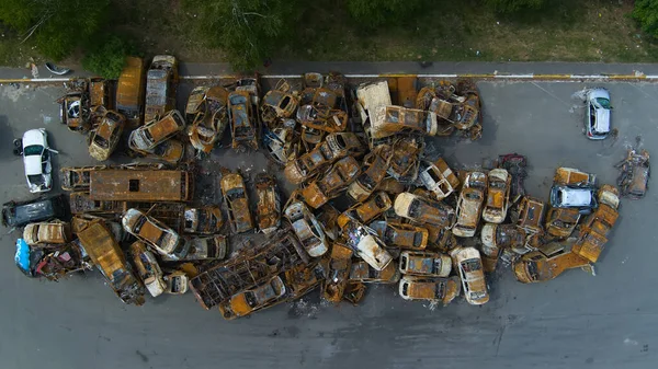 Muchos Coches Oxidados Quemados Irpen Después Ser Disparados Por Ejército — Foto de Stock