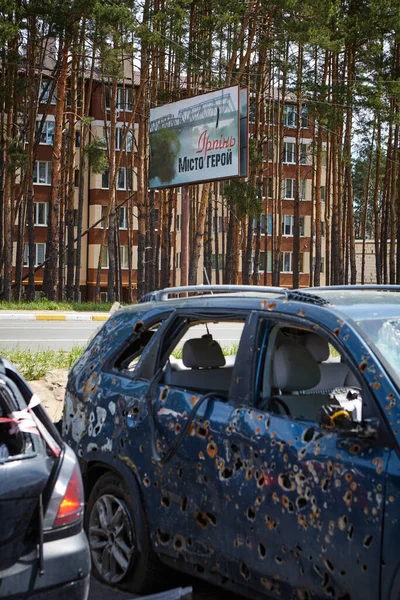 Wojna Rosji Ukrainą Spalony Samochód Cywilów Ludzie Zostali Zastrzeleni Przez — Zdjęcie stockowe