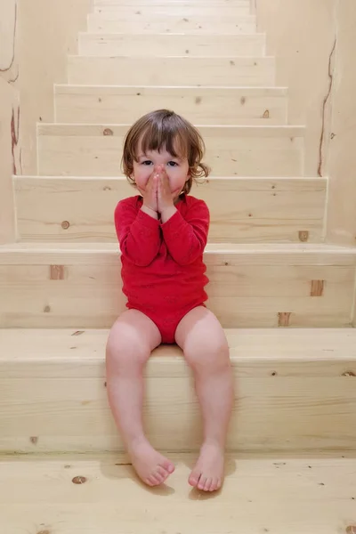 Funny Toddler Baby Girl Red Body Sits Stairs Indoors — Stock Photo, Image