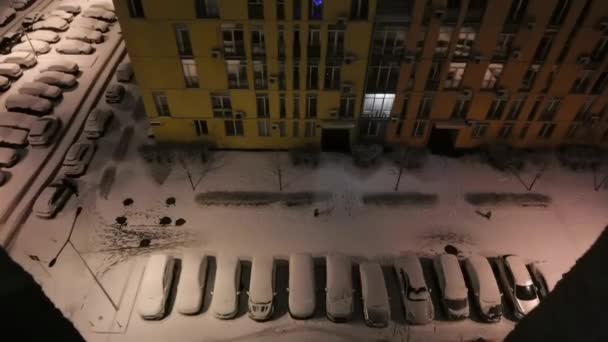 通りに雪の色の家と都市の風景 冬の家 ブリザード 大きな雪の結晶が空から降ってくる 寒い凍えるような天気 視界が悪い — ストック動画