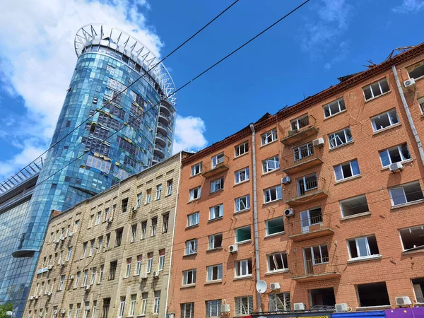 Kyiv, Ukraine - July 10, 2022: The building renovation after Russian rocket attack on Kyiv.
