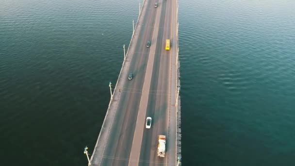Aerial Top View Bridge Road Automobile Traffic Many Cars Transportation — стоковое видео