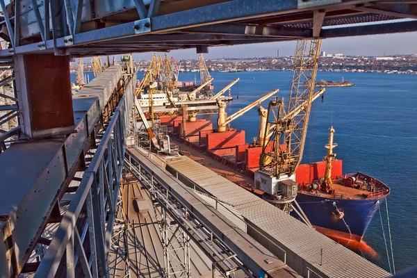 Loading Grain Holds Sea Cargo Vessel Seaport Silos Grain Storage —  Fotos de Stock