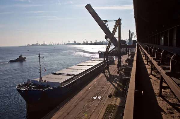 Loading Grain Holds Sea Cargo Vessel Seaport Silos Grain Storage — 图库照片