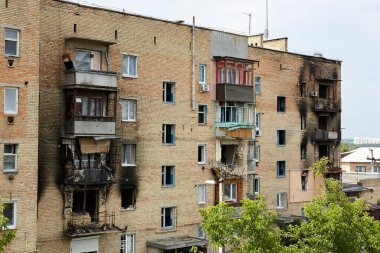 Horenka, Ukraine - August 25, 2022: the consequences of russian invasion in Kyiv region near Gostomel. Civil buildings were bombed and heavily damaged.