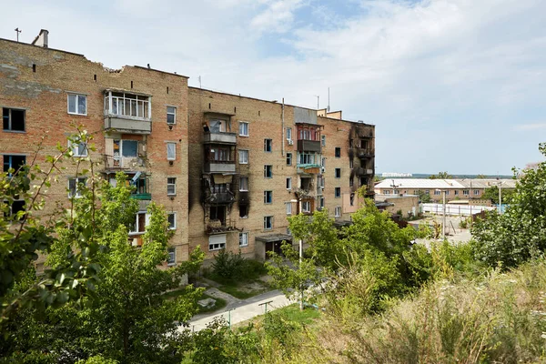 Horenka, Ukraine - August 25, 2022: the consequences of russian invasion in Kyiv region near Gostomel. Civil buildings were bombed and heavily damaged.