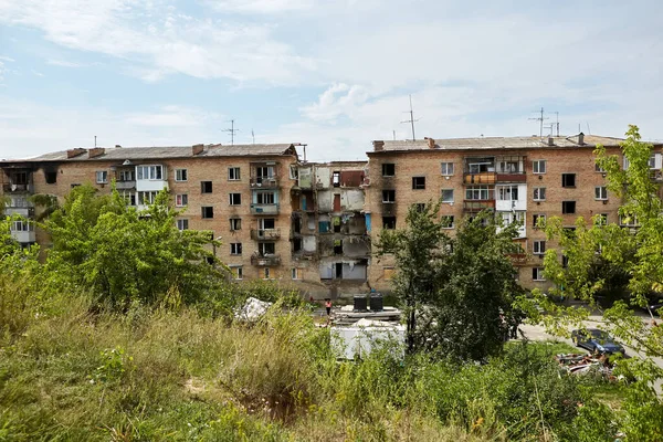 Horenka, Ukraine - August 25, 2022: the consequences of russian invasion in Kyiv region near Gostomel. Civil buildings were bombed and heavily damaged.