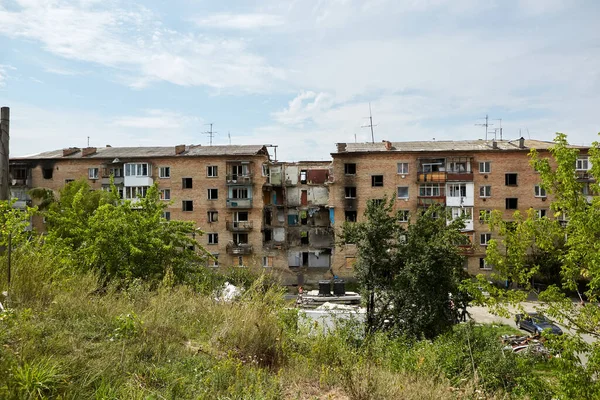 Horenka, Ukraine - August 25, 2022: the consequences of russian invasion in Kyiv region near Gostomel. Civil buildings were bombed and heavily damaged.