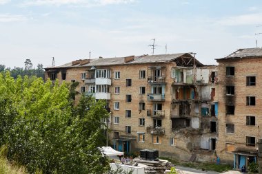 Horenka, Ukraine - August 25, 2022: the consequences of russian invasion in Kyiv region near Gostomel. Civil buildings were bombed and heavily damaged.