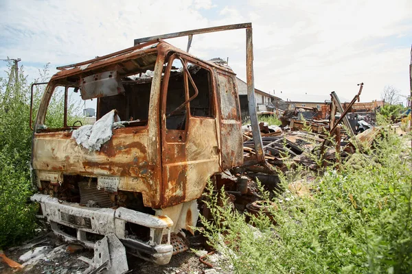 Horenka, Ukraine - August 25, 2022: the consequences of russian invasion in Kyiv region near Gostomel. Civil buildings were bombed and heavily damaged.