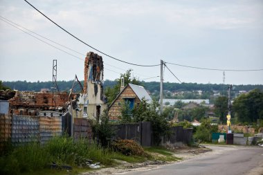 Horenka, Ukraine - August 25, 2022: the consequences of russian invasion in Kyiv region near Gostomel. Civil buildings were bombed and heavily damaged.